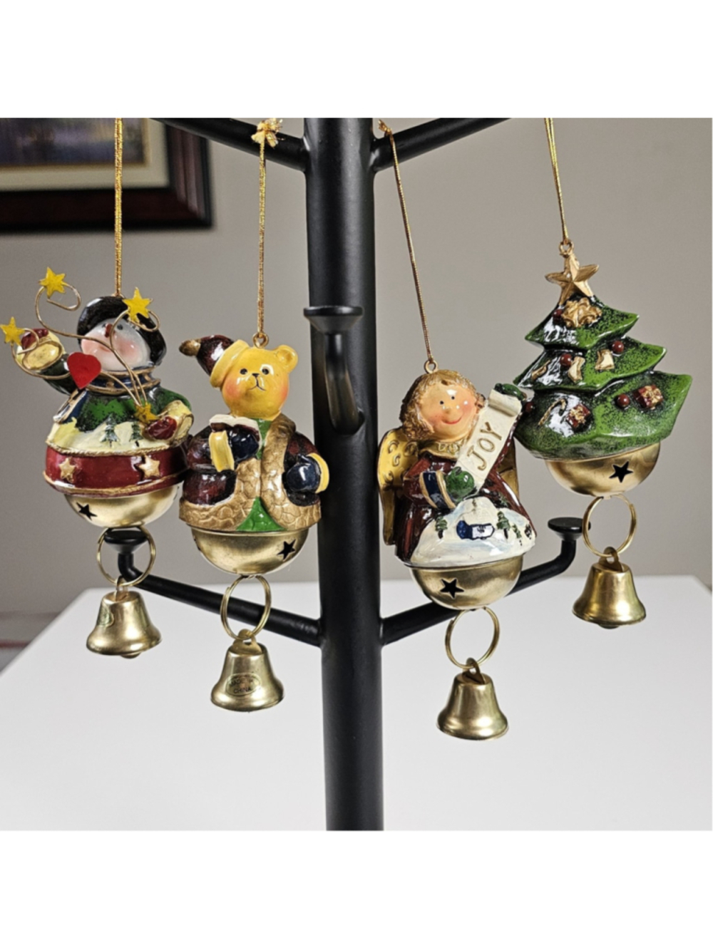 Vtg Holiday Figural Sleigh Bell Ornaments Set 4 Snowman Bear Angel Tree Resin